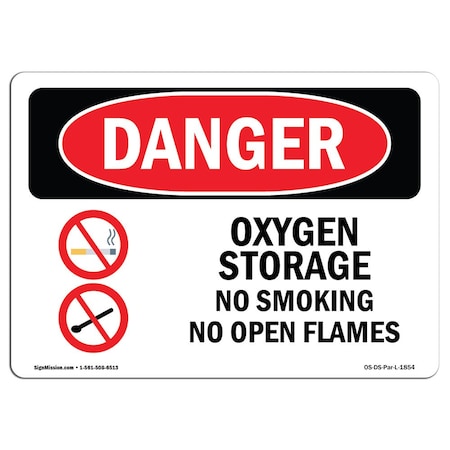 Signmission OSHA Danger Sign, 10" Height, 14" Wide, Aluminum, Oxygen Storage No Smoking Open Flames, Landscape OS-DS-A-1014-L-1854